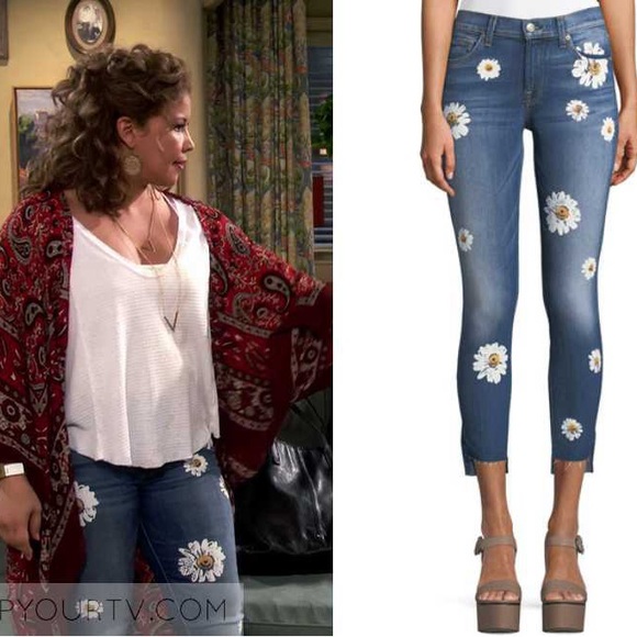 NWOT 7 For All Mankind Ankle Skinny Jeans in Distressed with Daisies, size 26 - Picture 7 of 16